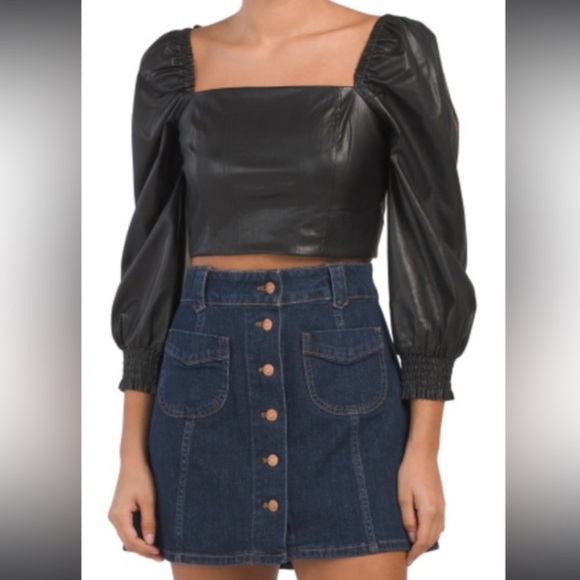 7 FOR ALL MANKIND Vegan Leather Blouson Crop Long Sleeve Top Puff Shoulder Small - Picture 2 of 5